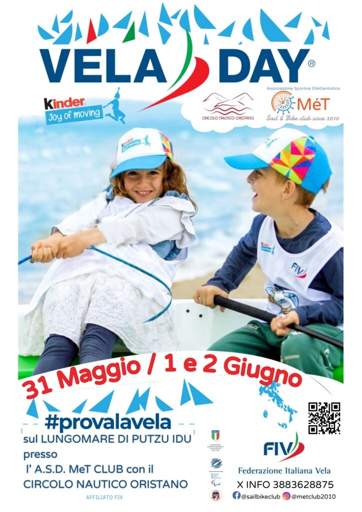 Locandina Vela Day. 3 giornate promozionali sulla Vela con il Circolo Nautico Oristano e la Federazione Italiana Vela presso l'Associazione Sportiva Dilettantistica MeT Club a Putzu Idu