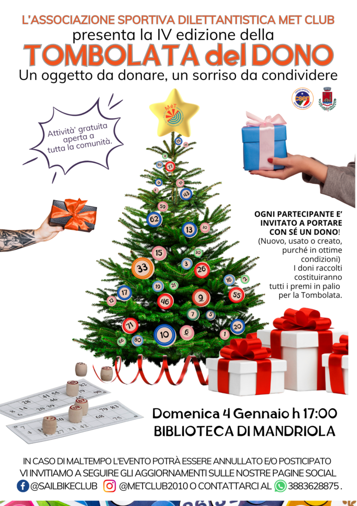 LOCANDINA DELLA TOMBOLATA DEL DONO raffigurante un albero di natale con palline numerate stile tomnbola e mani con i regali. SONO SCRITTE TUTTE LE INFO E RIFERIMENTI. 
4 gennaio ore 17 Biblioteca di Mandriola _ Attività gratuita aperta a tutta la comunità _ Ogni partecipante è invitato a portare con se un dono per il montepremi.